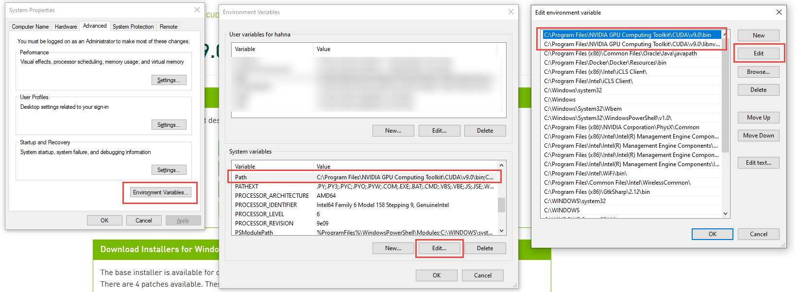 Windows environment variables control panels