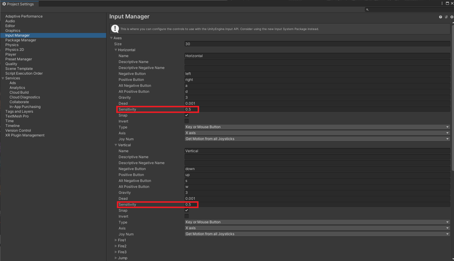 The sensitivity setting inside the Input Manager.